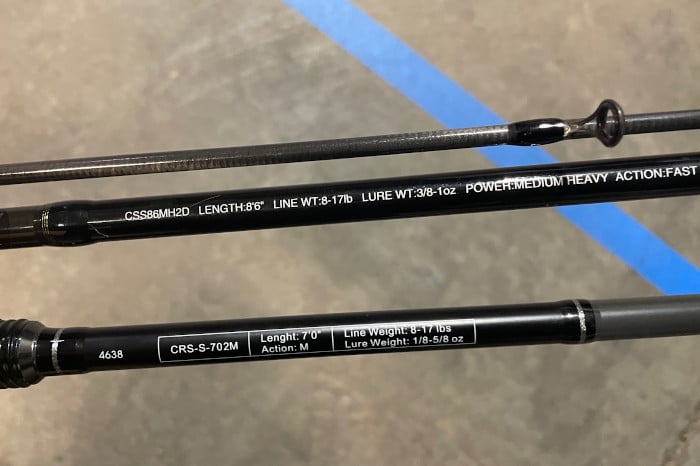 Two fishing rods with heavy and medium heavy ratings