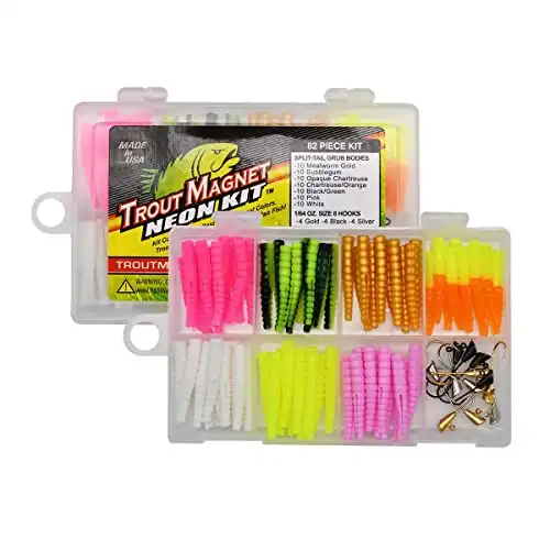 Trout Magnet 82 Piece Neon Fishing Kit, Catches All Types of Fish, Includes 70 Grub Bodies And 12 Size 8 Hooks, Orange,Green,White,Silver